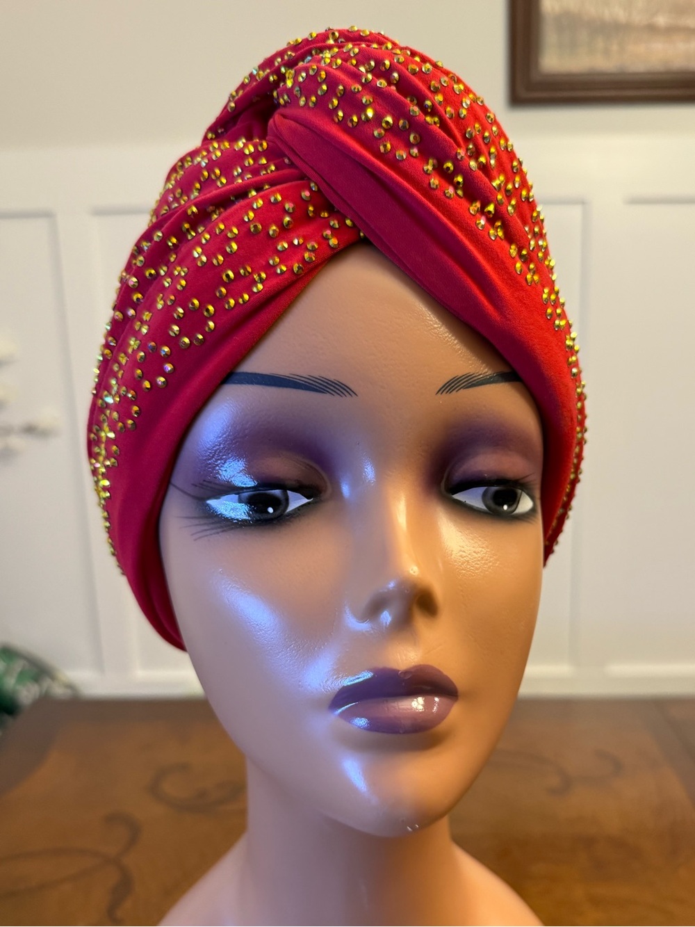 Embellished Red Turban Headwrap with Gold stones